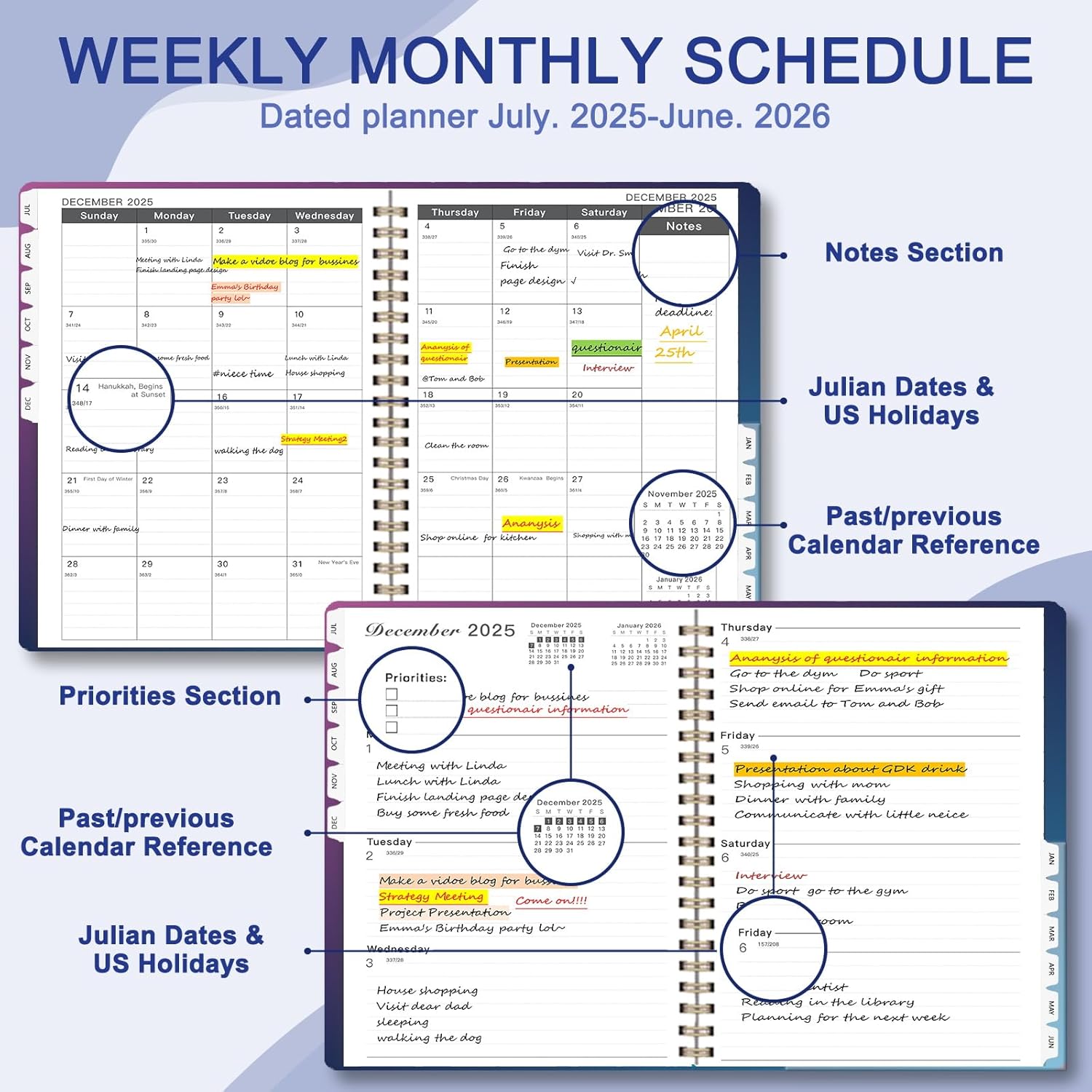 Ymumuda 2025-2026 Planner Weekly Monthly,JUL.2025 to JUN.2026, 12 Months, 8.5" X 11", 2025-2026 Large Monthly Calendar Planner with Spiral Bound, Excellent for School Office Supplies, Blue & Purple (8.5"×11")A4 N-Blue Purple image 3 of 6 B0D6VNKQFF