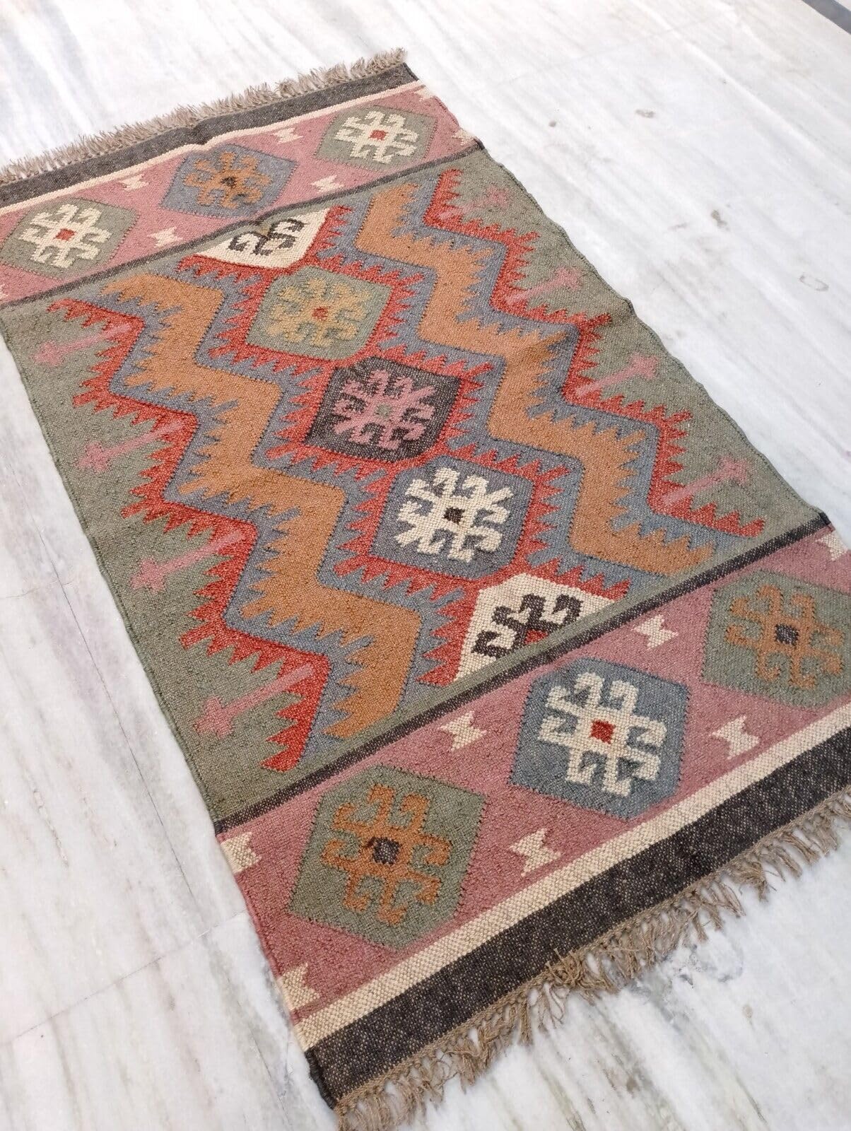 Tapis Kilim en laine et jute - Tapis bohème tissé à la main pour salon, chambre à coucher et entrée (200 x 300 cm)