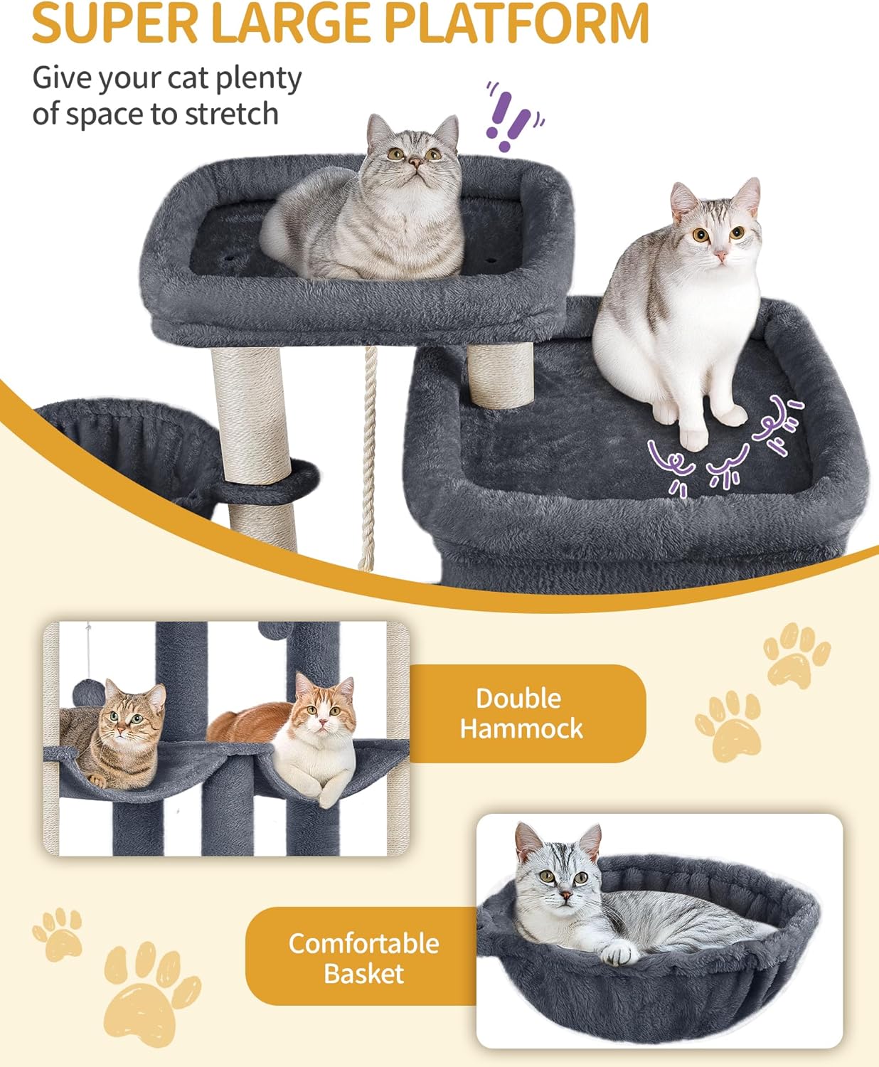 Hzuaneri Cat Tree, 200cm XXL Cat Tree with 10 Scratching Posts, 2 Caves, 2 Hammocks, Large Platform, Cat Brushes, Basket, Heavy Duty Cat Tree for Maine Coons, Large Cats, Dark Grey MS20018SG