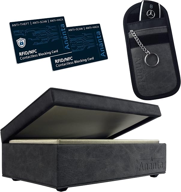 Ananta Faraday Box for Car Keys Plus Faraday Pouch & 2 RFID/NFC Contacless Blocking Cards, Best for Keyless Car Signal Blocker Security (Grey)