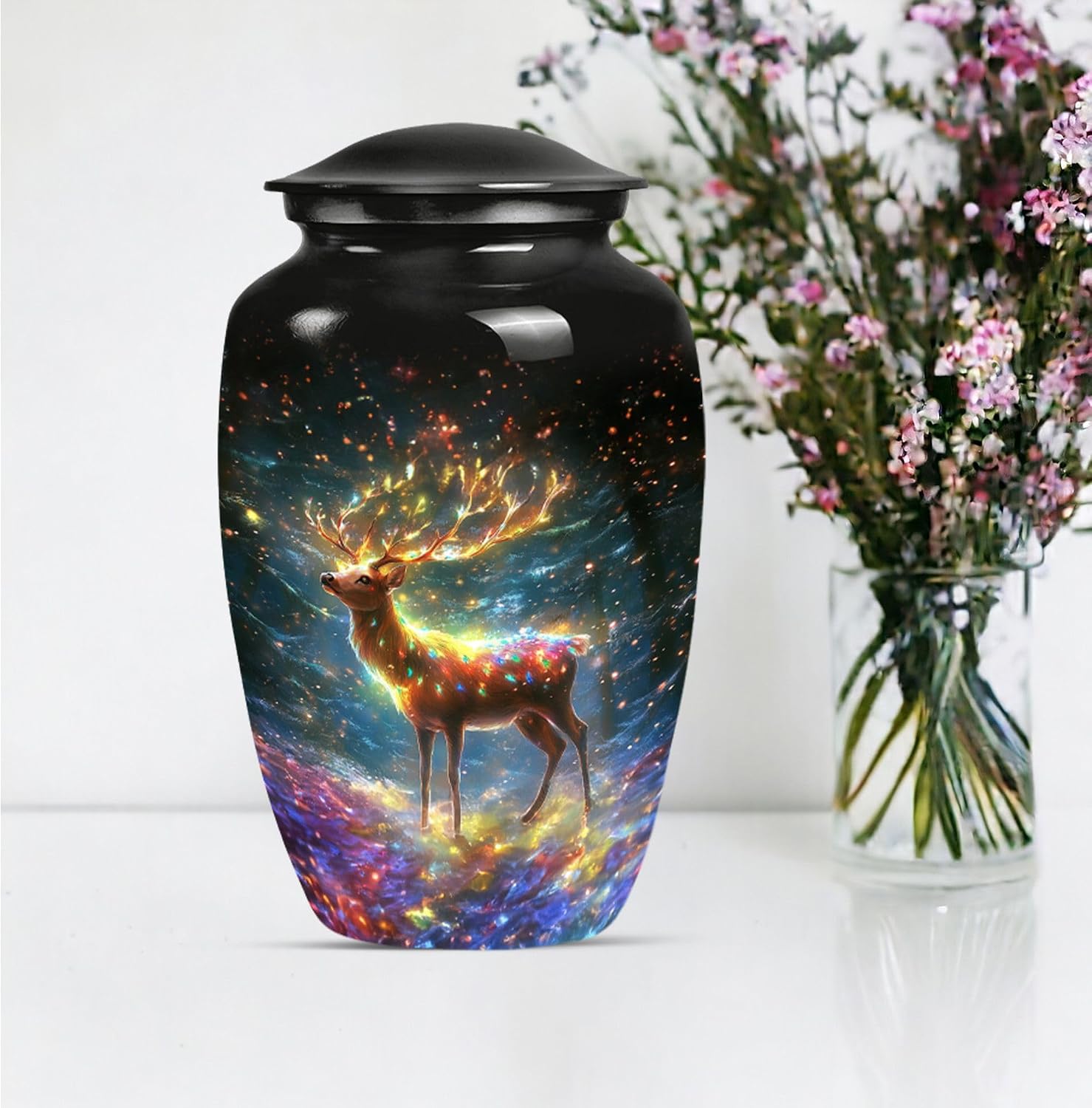 Deer Lighting Decorative Urn, Pack of 2 (10 Inch Urn & 3 Inch Urn), Urn for Human Ashes, Cremation Urn for Ashes Adult Male, Memorial Urn, Funeral Urn, Black Urn, Urns with Deer for Human