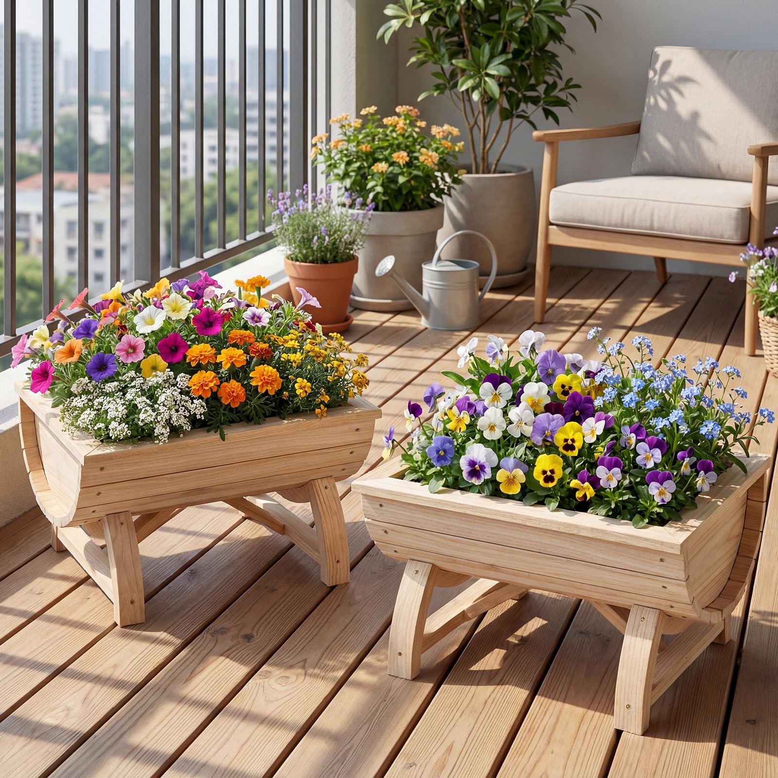 COSTWAY 2er Set Blumenkasten, Hochbeet aus Holz, halbes Blumenfass, Pflanzkasten mit Entwässerungsloch & Beinen, Pflanzfass Blumentopf Tannenholz, Gartendeko Outdoor, 39 x 30 x 24 cm, Natur