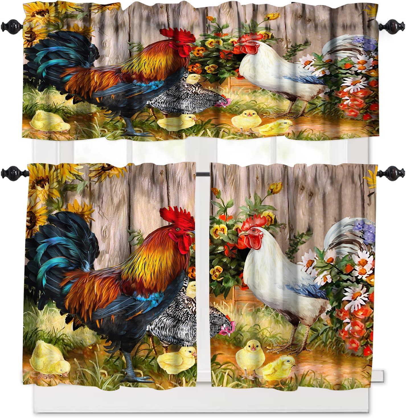 Rooster Rustic 3 Piece Kitchen Curtains Farm Watercolor Painting Sunflower and Chicken Pattern Printing Decoration Curtain Set 54x24 Inch, 3 Piece