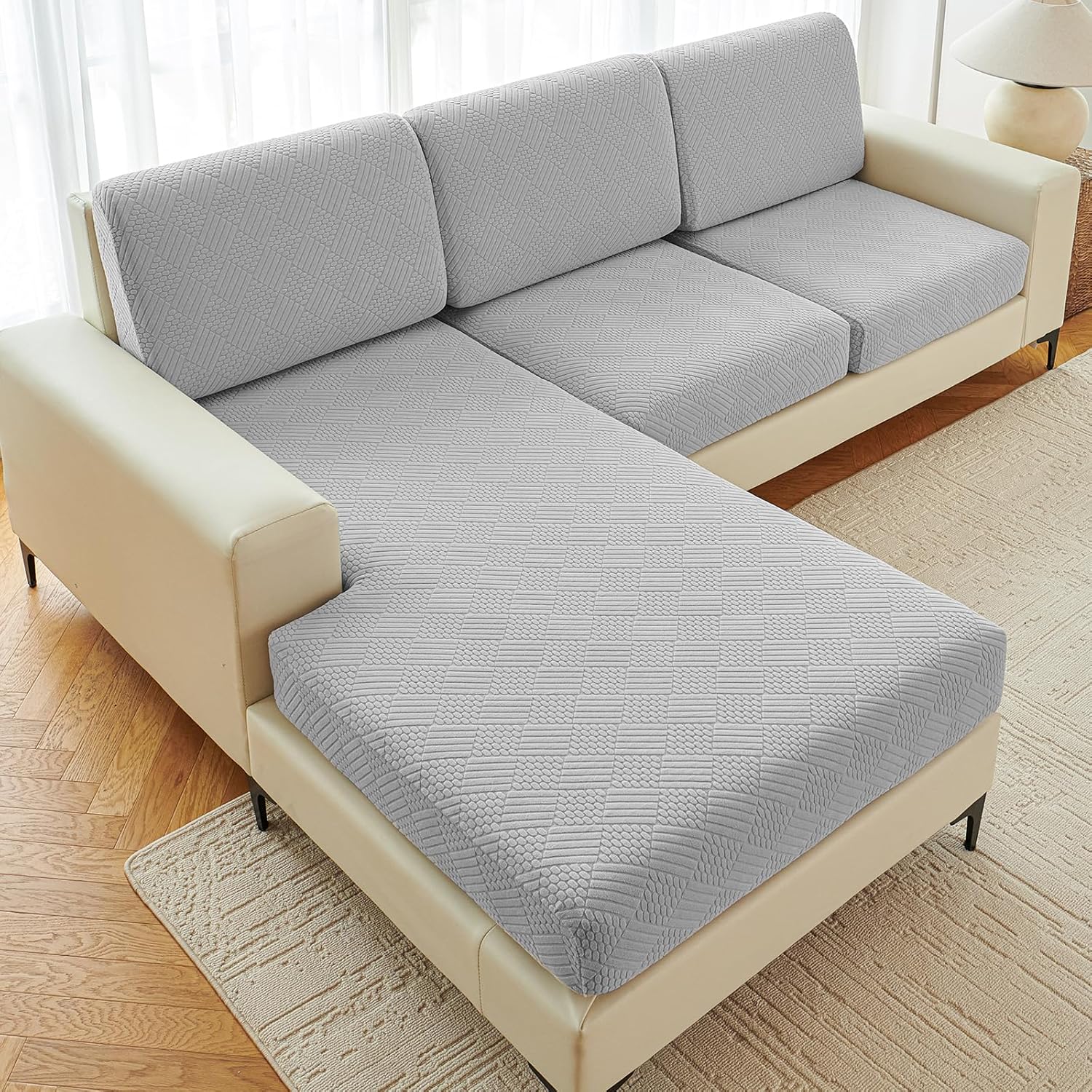 deep dream sectional couch covers 6 pieces, stretch couch cushion covers, l shaped washable sofa covers for left/right sectional sofa (3 backrest cover + 2 seater + 1 chaise, light grey) 3 backrest cover + 2 seater + chaise light grey