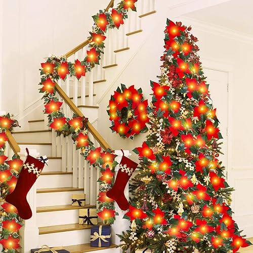 Miniatura 3 de Paquete de 2 guirnaldas artificiales de decoración de Navidad de 6.5 pies, guirnalda de Pascua de seda de terciopelo preiluminada con bayas rojas y