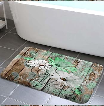 Farmhouse Floral Flower Bath Mat, Green Daisy Rustic Wooden Plank Country Barn Wood Non-Slip Flannel Soft Doormat Floor Entryways Outdoor Indoor Front Door Mat, 17X29