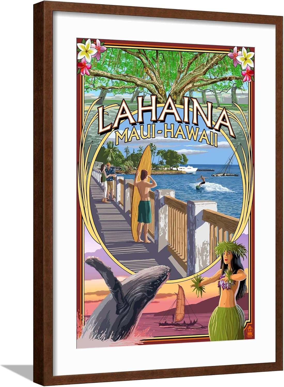 ART.COM Framed Wall Art Prints Lahaina, Maui, Hawaii - Town Scenes Montage by Lantern Press, Places Decor, 12" x 18", Espresso Frame with White Mat