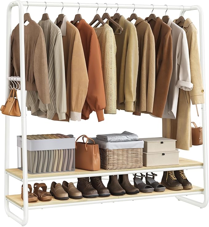 VASAGLE Kleiderständer, Garderobenständer, Garderobe, 2 Ablagen, 6 Haken in S-Form, Stahlgestell, 45 x 138 x 160 cm, für Schlafzimmer, Flur, Eingangsbereich, naturbeige-mattweiß RGR119W09