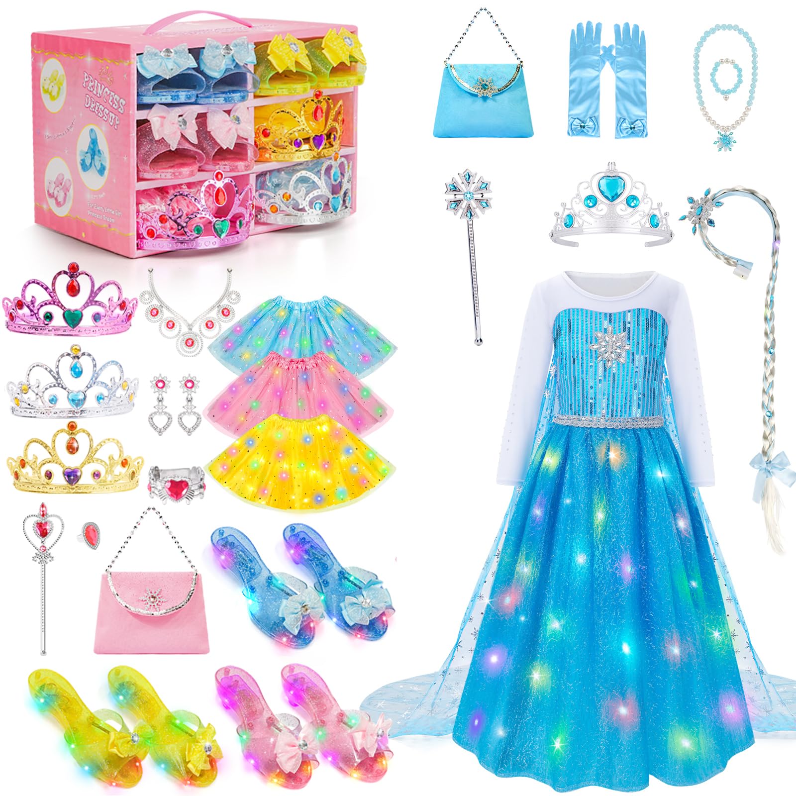Meland Light Up Princess Dress Up Bundle for Girls, Princess Heels for Toddler Girl, Princess Dress for Girls Age 3-10 Year Old