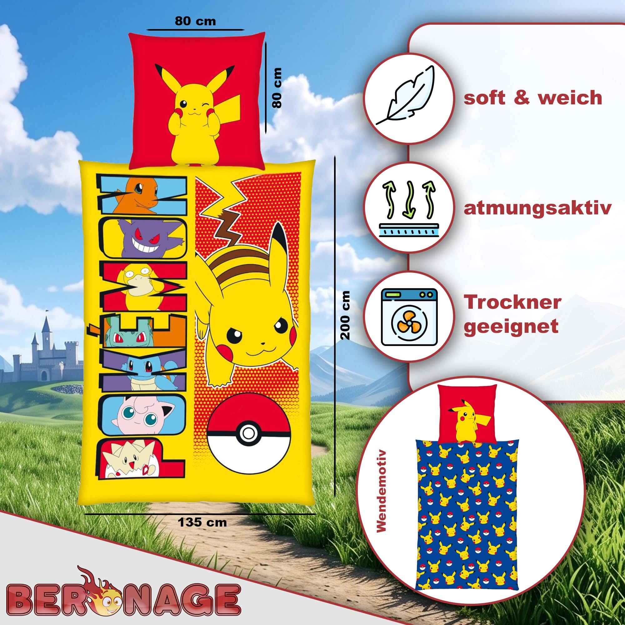 Linon Kinder Wende-Bettwäsche Pokémon Motiv Go Pikatchu Neu & Ovp Renforcé - 135 x 200cm + 80 x 80cm 100% Baumwolle Pokemon Kinderbettwäsche deutsche Größe