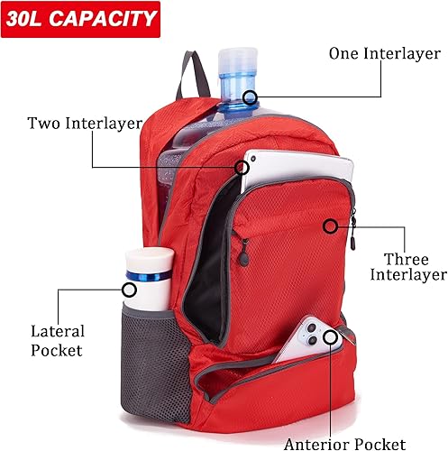 Miniatura 6 de YZAOLL Mochila de senderismo de viaje ligera de 30 L Mochila plegable resistente al agua para mujeres y hombres, Lborgoña, Minimalista