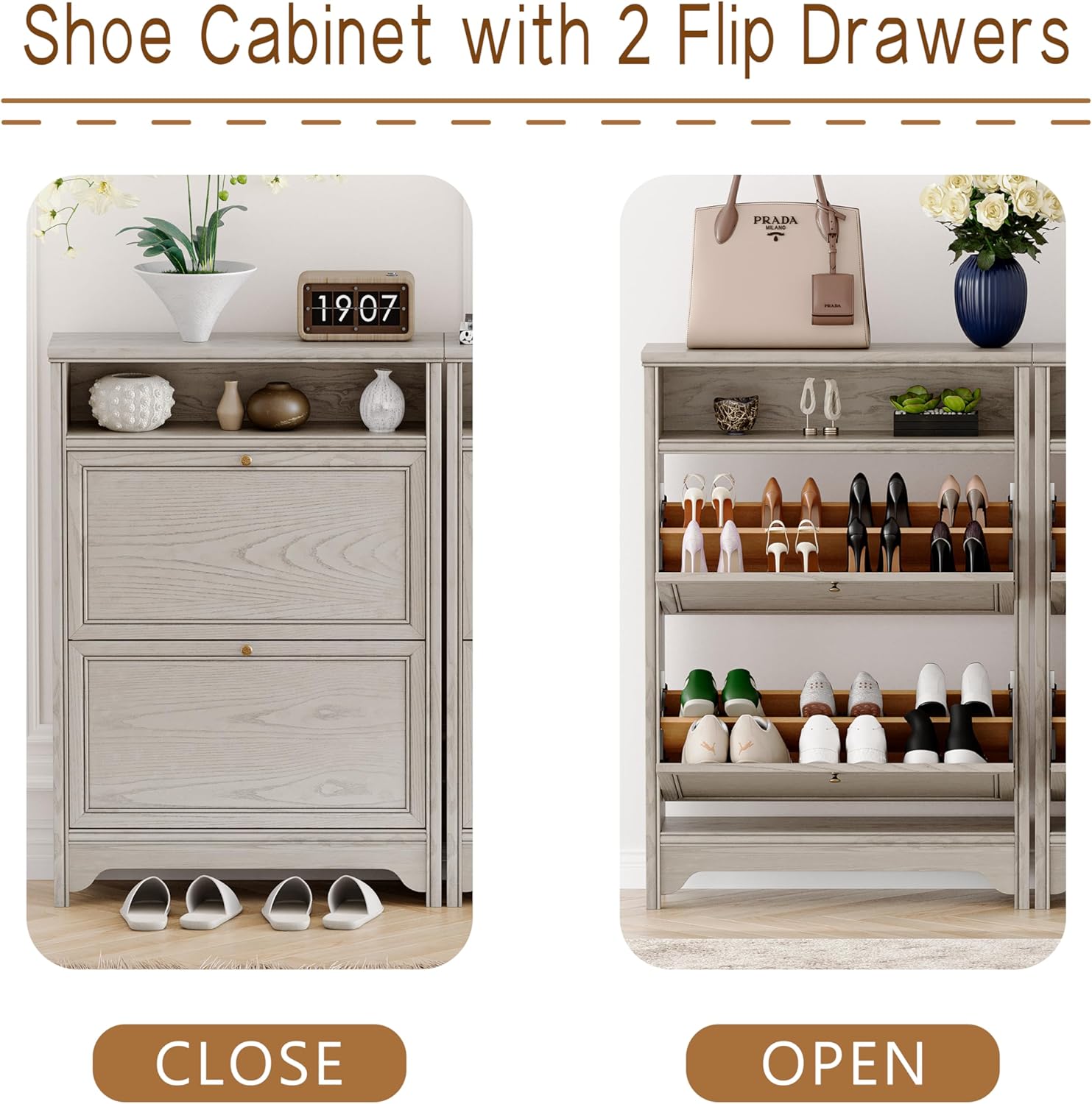 Chogori Wood Shoe Storage Cabinet for Entryway - Narrow Freestanding Shoe Organizer with 2 Flip-Up Drawers, Hallway Shoe Rack with Sturdy Wooden Legs for Foyer, Living Room (1, Charcoal Gray)