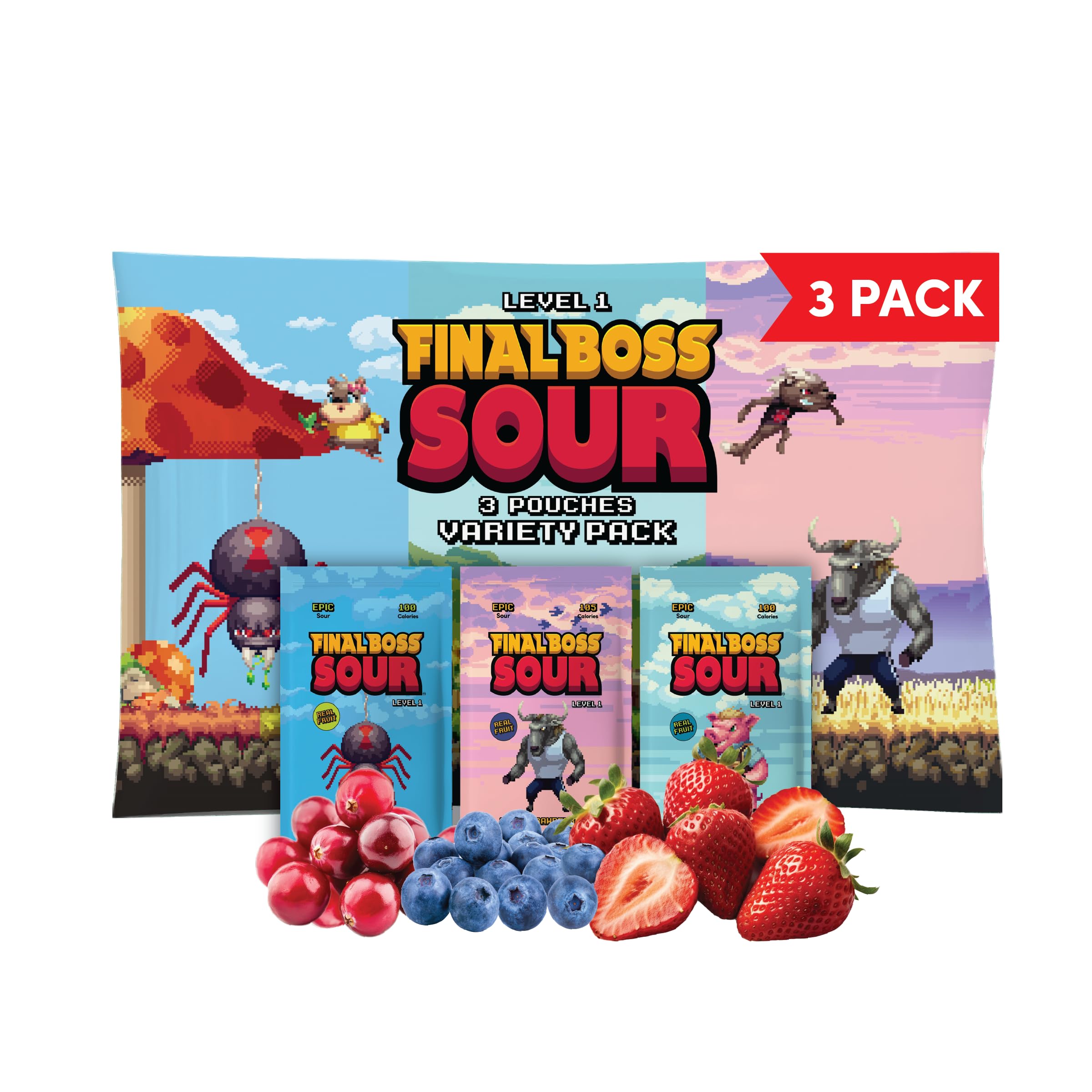 Final Boss Holiday Sour Candy, Variety Minipacks, 3 Pack, Level 1, Extreme Sour Fruit Chews with Real Dried Fruit, No Artificial Colors or Flavors, Low Calorie Snack for Kids, Teens, Adults
