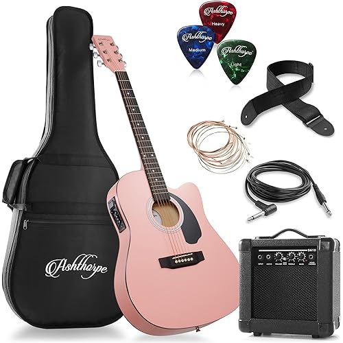 Ashthorpe Full-Size Thinline Cutaway Acoustic Electric Guitar Package with 10 Watt Amp - Pink