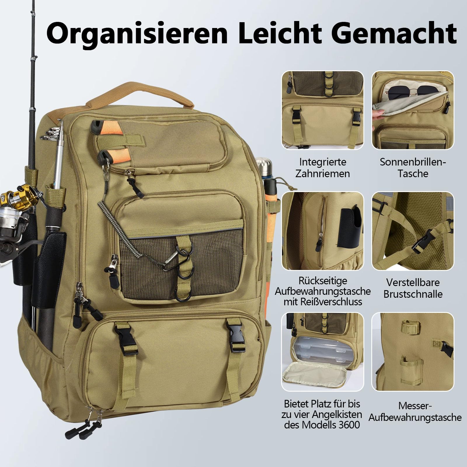 40L Angelrucksack Mit Angelrutenhalter, Wasserdichtes Oxford-Gewebe Angeltasche, Multifunktional Angel Rucksack für Angeln, Jagen und Wandern Verwendet.