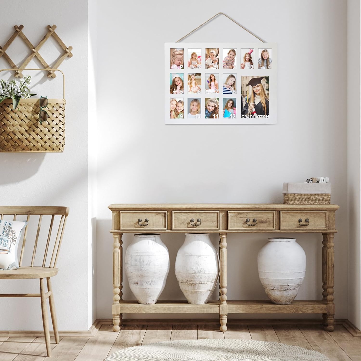 FramePro School Years Picture Frame Pre K to 12 White Graduation Gift Collage Frame with Stand Easel, Displays One 4x6 and Twelve 2x3 Wallet Photos