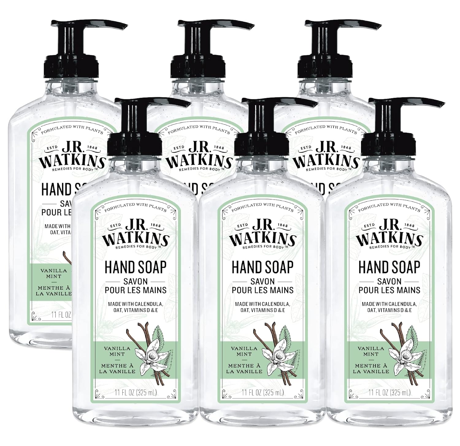 J.R. Watkins Gel Hand Soap, Scented Liquid Hand Wash for Bathroom or Kitchen, USA Made and Cruelty Free, 11 fl oz, Vanilla Mint, 6 Pack