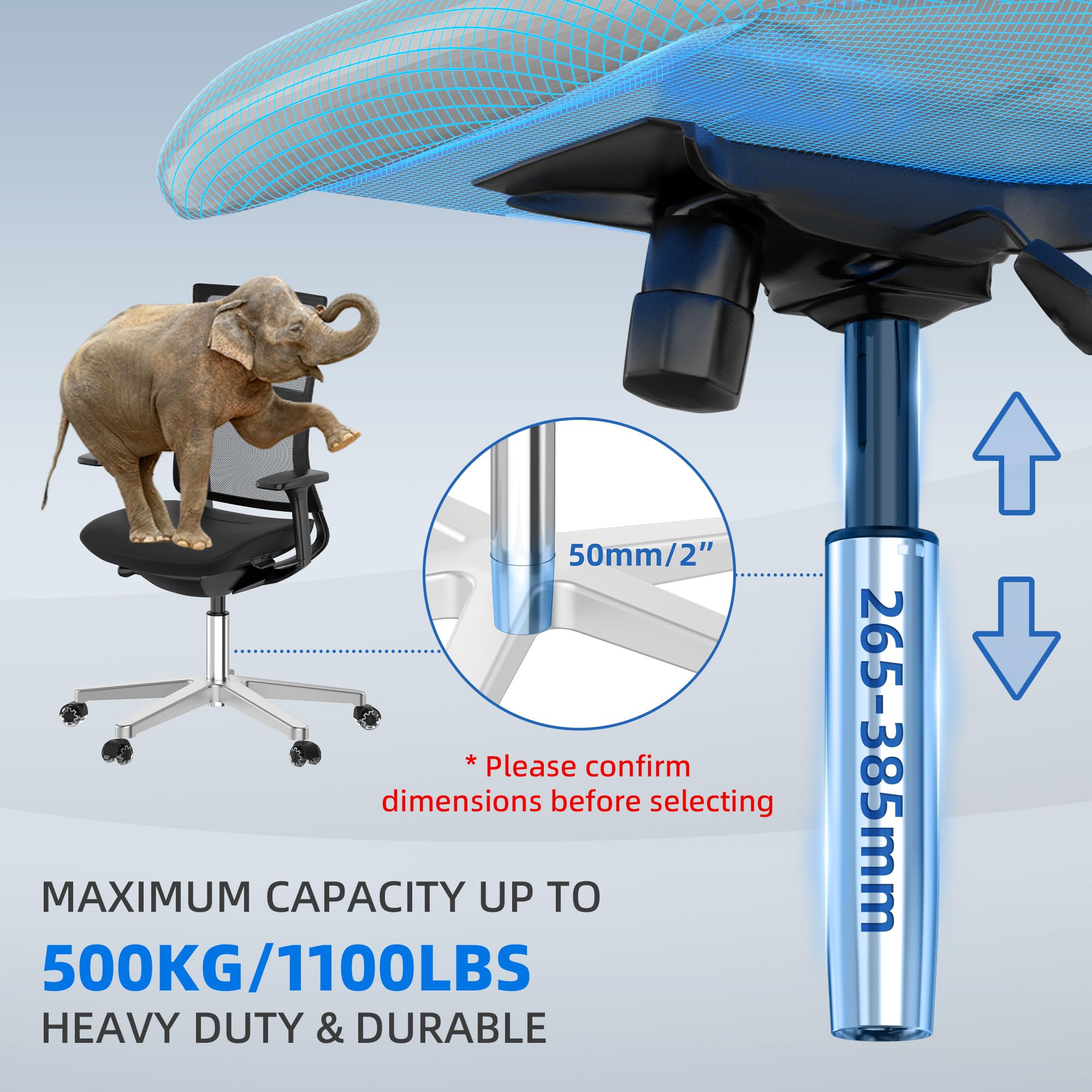 WEWILL Bureaustoel, belastbaar tot 500 kg, in hoogte verstelbare gasdrukdemper, voor draaistoelen, reserveonderdelen, diameter 50 mm (niet voor 1KEA, zilver, 310-470 mm