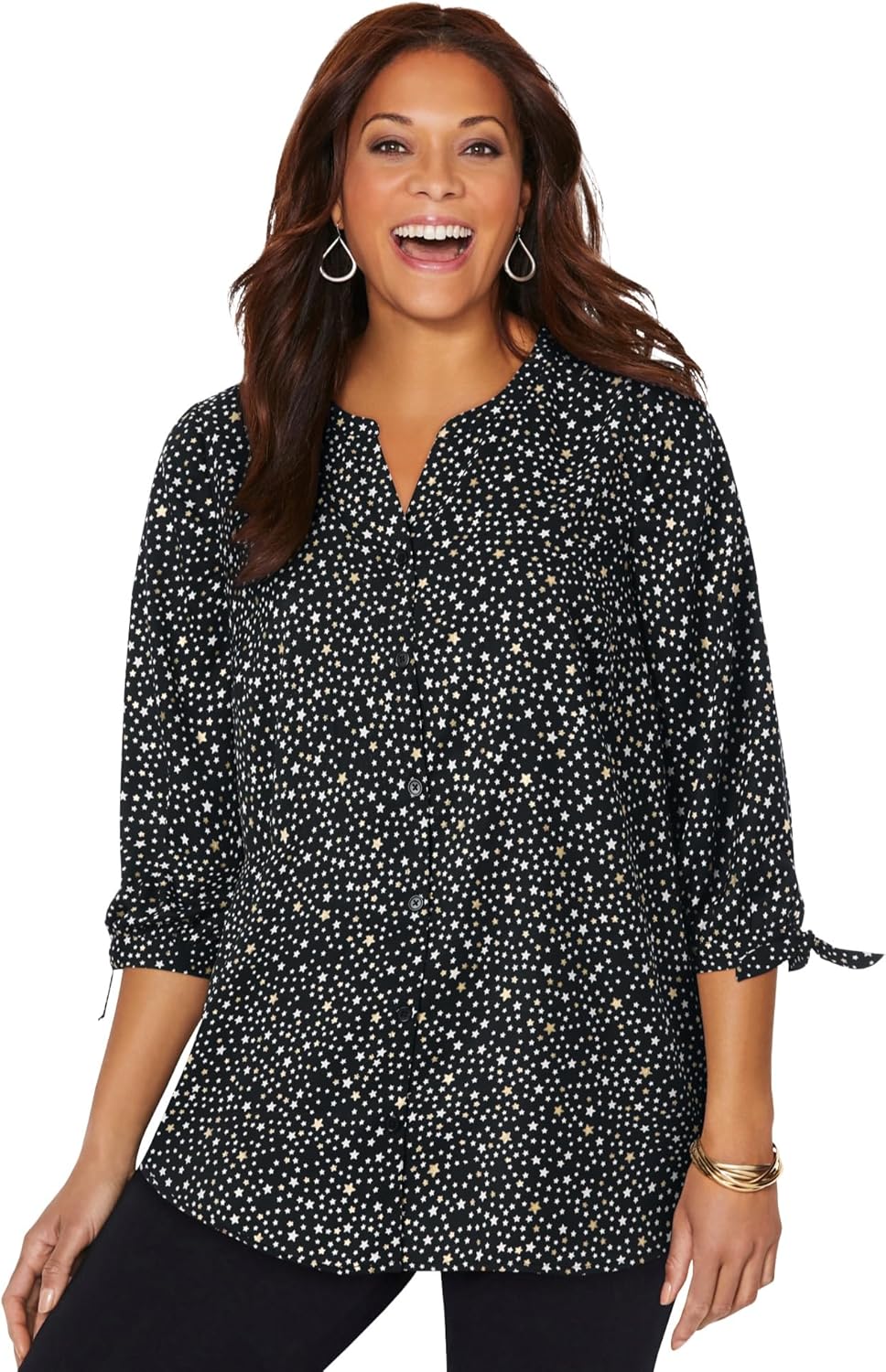 Women's Plus Size Georgette Button Down Tie Sleeve Cafe Blouse