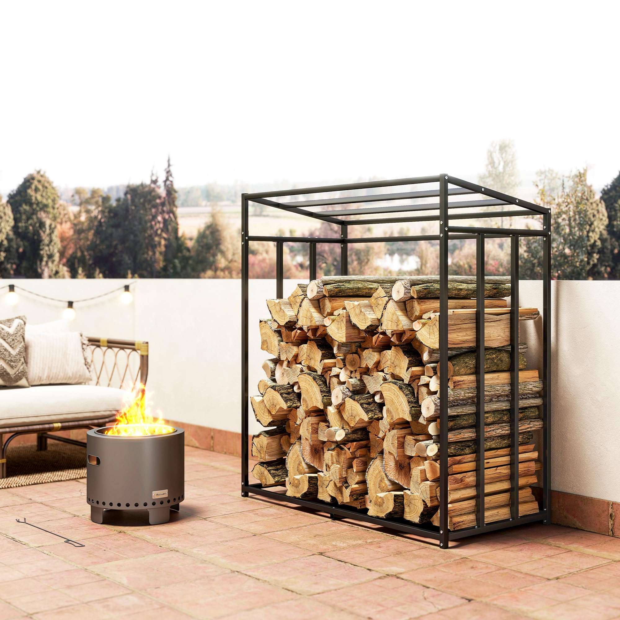 Outsunny Estante de Leña Metálico, Carga 300 kg, Leñero Exterior con Cubierta Impermeable 600D Oxford, Marco de Acero, Soporte para Leña de Chimenea, para Jardín, Terraza, 140x70x154 cm