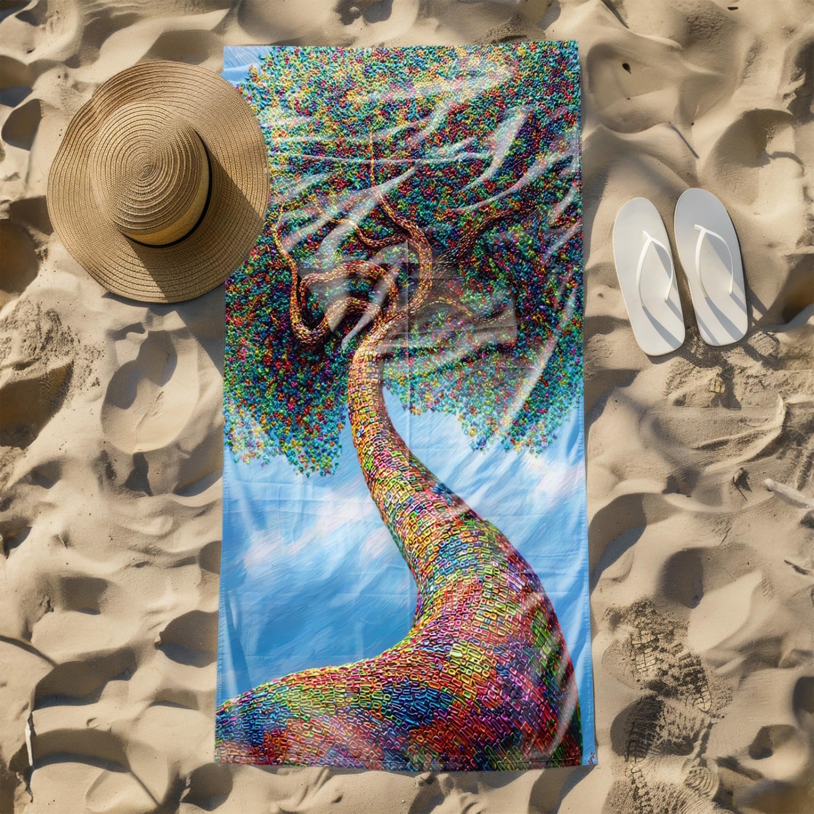 Serviette de Plage 90X180 Arbre Géométrique Bleu-Vert