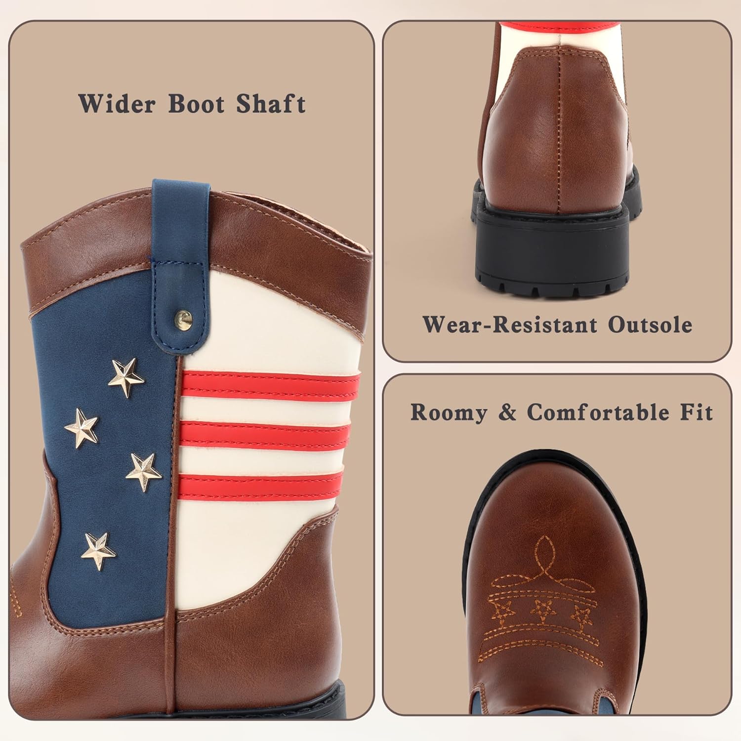 Cowboy/Cowgirl Boots for Boys/Girls Toddler Western Wide Calf Square Toe Kids Boots with Side Zipper (White+ Brown+Dark Brown)
