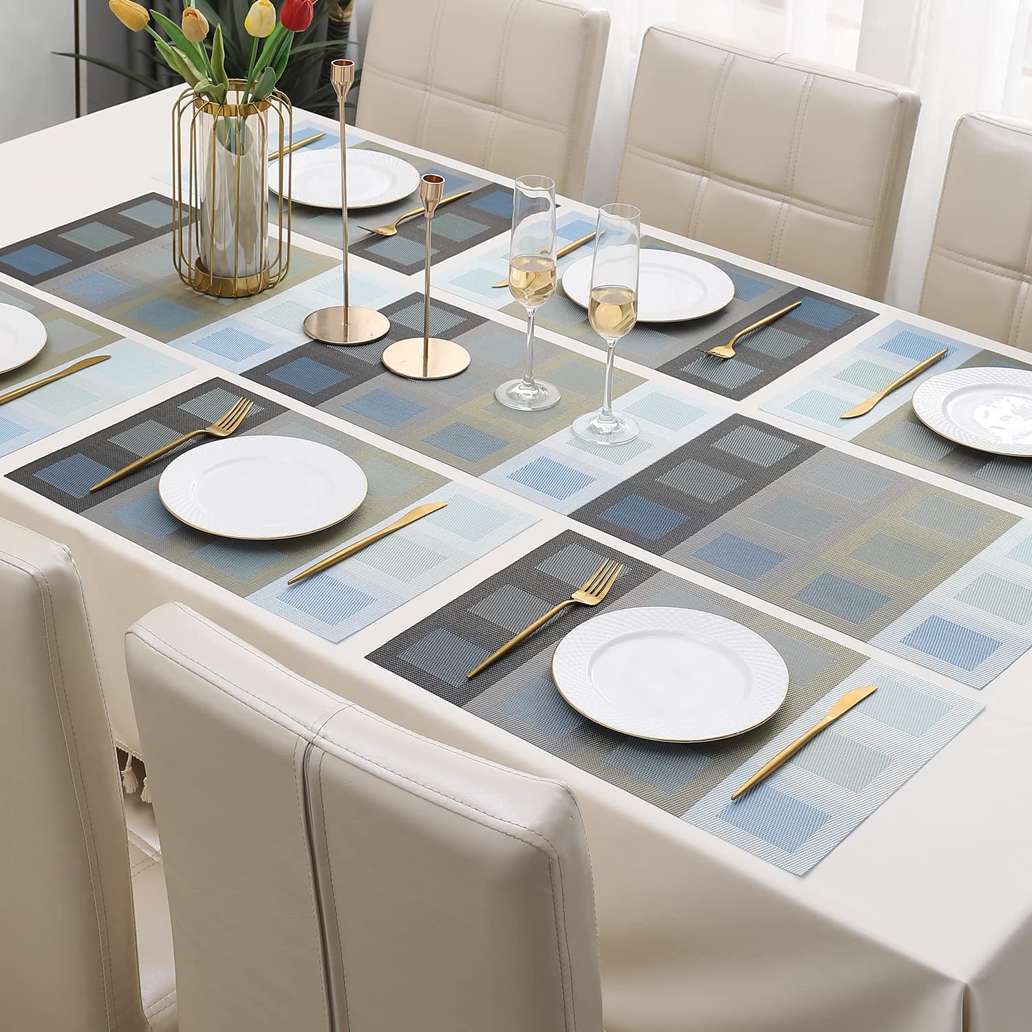 HOKIPO PVC 6 Placemats with Runner for Dining Table (AR2783), Assorted 2