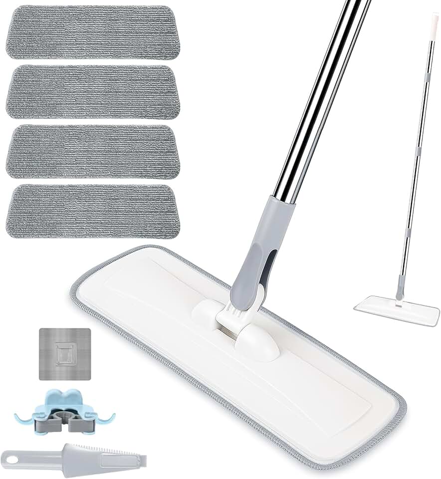Microfiber Mop for Cleaning Floors,55 Inch Extendable Flat Mop with 4 Reusable Washable Pads, 1 hook, 1 wall piece, and 1 scraper,