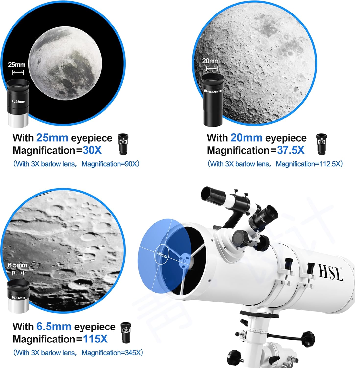 HSL Telescope 150EQ Astronomical Professional Telescope for Adults High Powered,750mm focal length Reflector Astronomy Telescopes for Beginners,Comes with Phone Adapter,5 color Filter and Carrying Bag