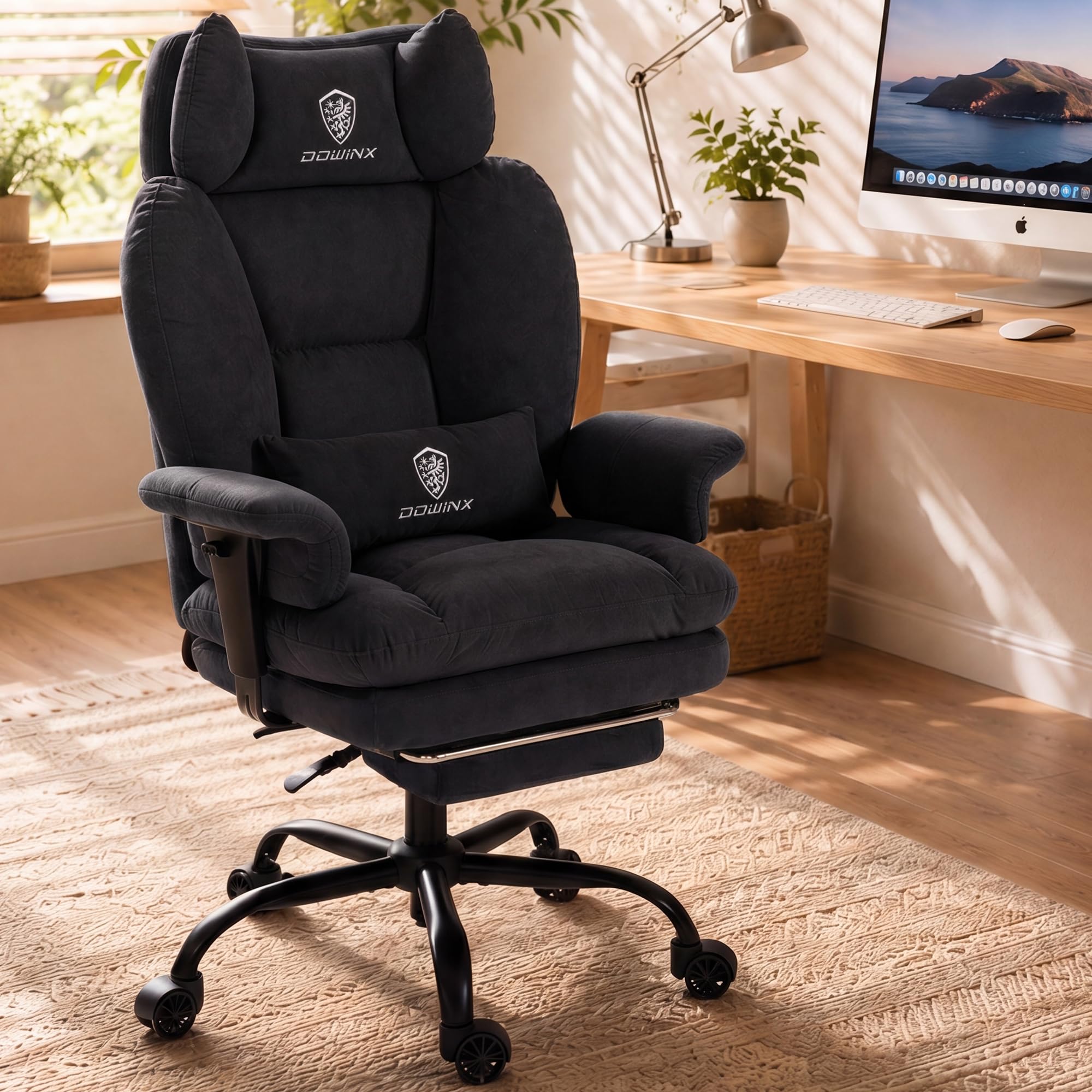 Dowinx Ergonomischer Bürostuhl aus Wildleder-Optik mit Federkern-Sitzpolster, höhenverstellbaren gepolsterten Arm- und Kopfstützen, Liegefunktion und ausklappbarer Fußstütze,Schwarz