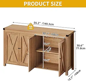 DWVO 55'' Sideboard Buffet Cabinet with Storage, Farmhouse Kitchen Storage Cabinet with 4 Doors, Large Coffee Bar Cabinets with Adjustable Shelves for Kitchen, Living Room, Oak