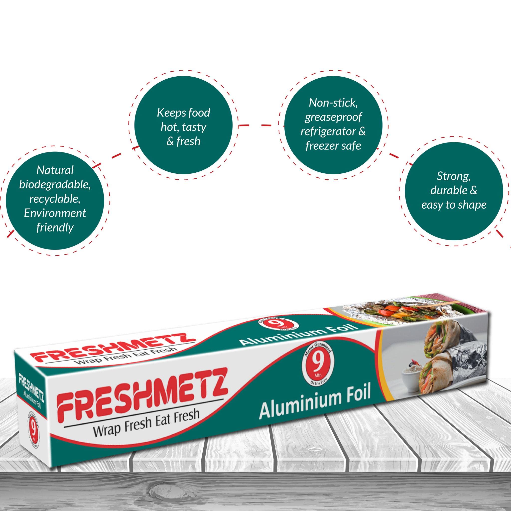 Freshmetz Aluminium Foil 9 Meter Roll | 11 Micron Food Grade Silver Foil Paper | Pack of 4 | Ideal for Tiffin Packing, Cooking, Baking & Food Storage 2
