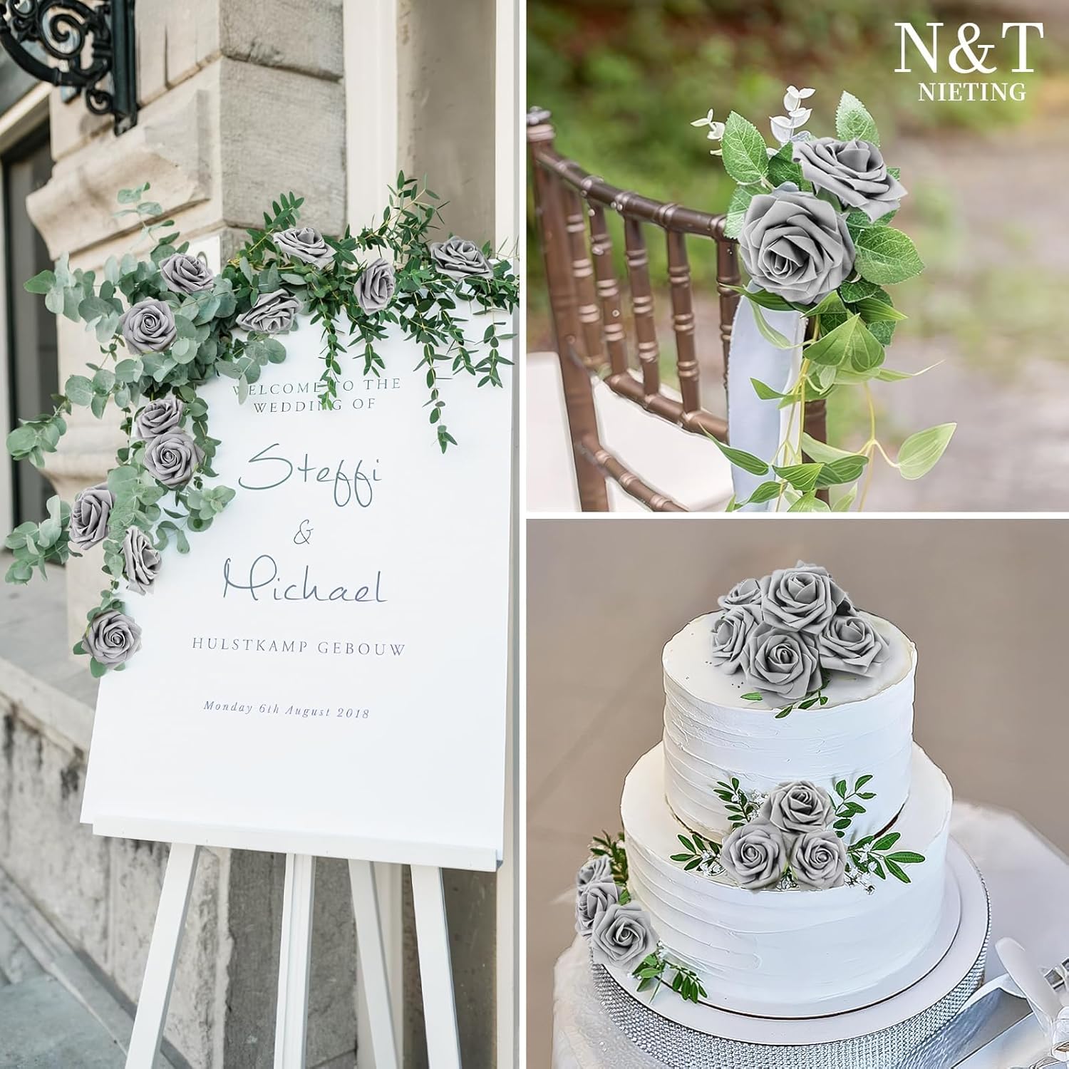 N&T NIETING Artificial Rose, 25pcs Gray Fake Foam Flowers with Stems for Wedding Party Baby Shower Cake Decoration, Home Display - Image 7