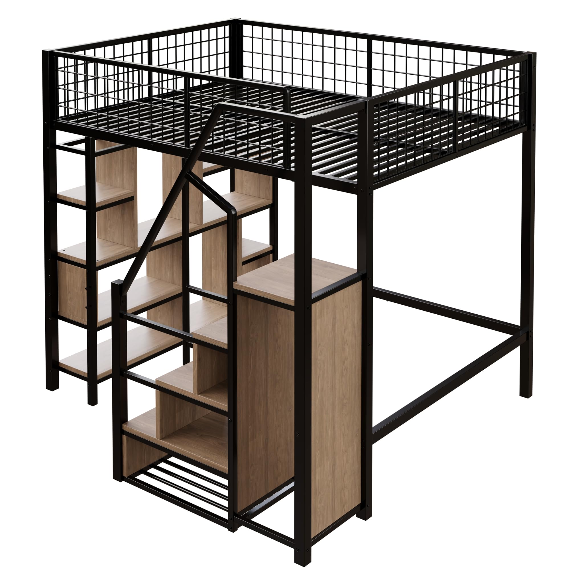 Dolamaní Cama alta para adultos y jóvenes, 140 x 200 cm, con escalera y espacio de almacenamiento, altura de 170 cm, cama de metal con estante de varios niveles (negro)