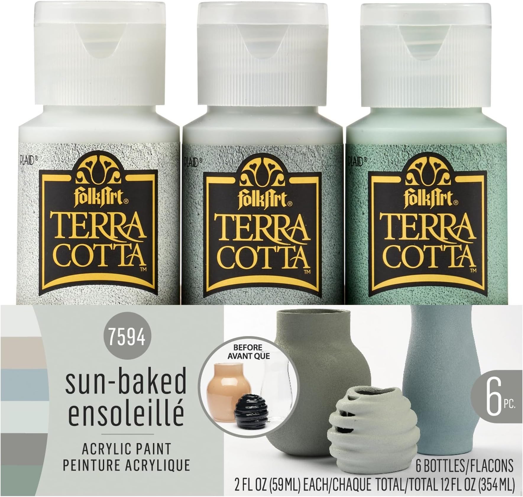FolkArt Terra Cotta Acrylic Paint Set, Sun-Baked 6 Piece DIY Terra Cotta Acrylic Paint Kit Featuring 6 Colors For DIY Indoor & Outdoor Multi-Surface Craft Projects, 7594, 2 Fl Oz (Pack of 6)