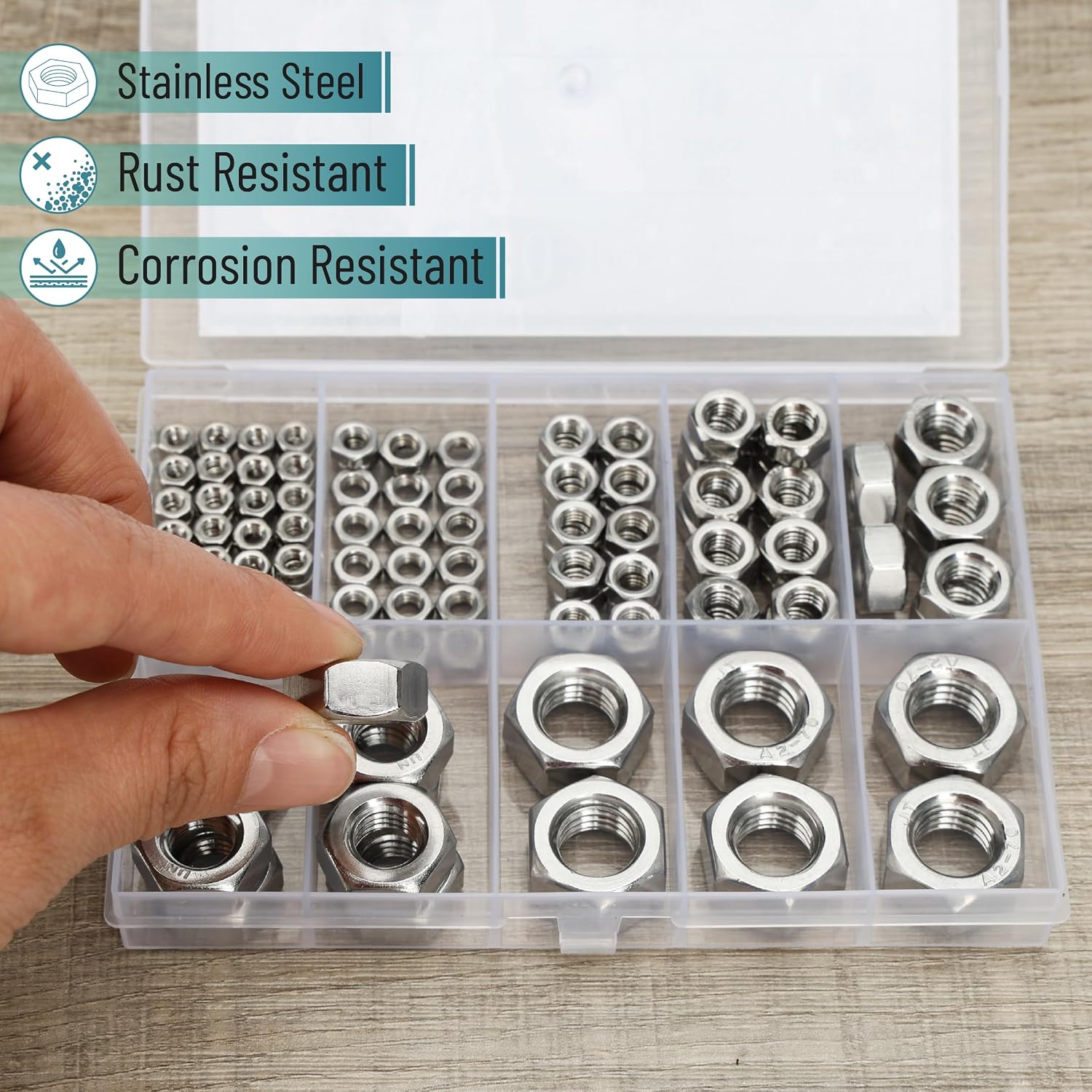 Bates- Metric Hex Nuts Assortment Kit, 7 Sizes, 130 pcs, Stainless Steel, M3 M4 M5 M6 M8 M10 M12, Hardware Nuts