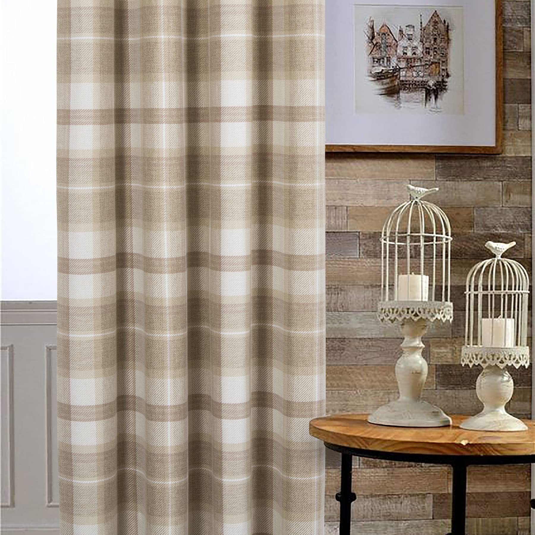 always4u Plaid Curtains for Bedroom Living Room 100% Blackout Thermal Energy Saving Woolen Look Grommet Curtains 84 Inch Length 2 Panels Beige - Image 3