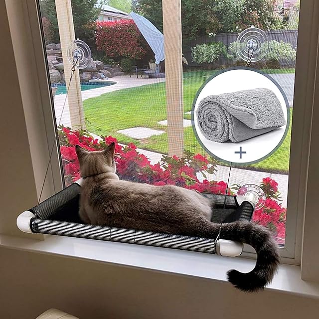 Afufu Cat Window Perch, Cat Hammock Window Seat With Free Fleece Blanket, Sunny Seat Window Cat Bed for Large Cats, Mounted Cat Bed (Holds Up 15kg)