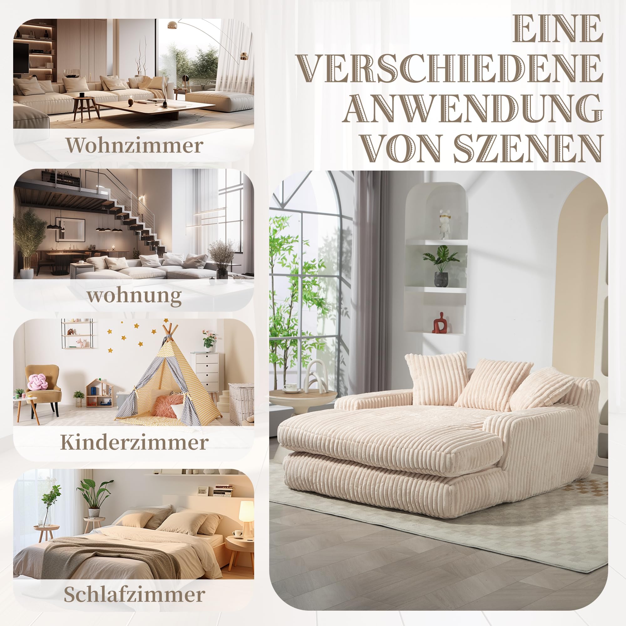 ZYLOYAL10 Cord-Schlafsofa Cloud Couch mit 3 weichen Kissen, bequemes Einzelsitz-Bodensofa für Wohnzimmer Wohnung Büro (Beige)