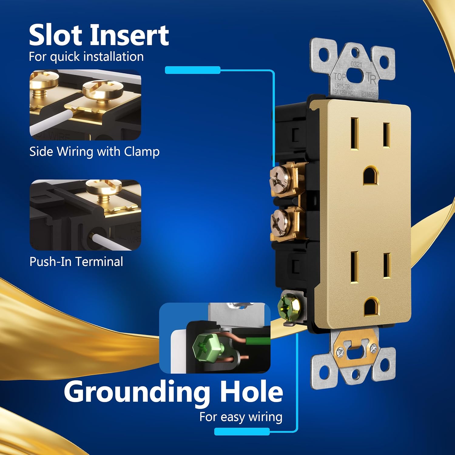 LIDER Matte Finish Decorator Receptacle with Interchangeable Face Cover, Child Safe Tamper-Resistant Wall Outlet with Screwless Wall Plate, 15A 125V, UL Listed, LR15-TR-GDSWP4P, Gold, 4 Pack