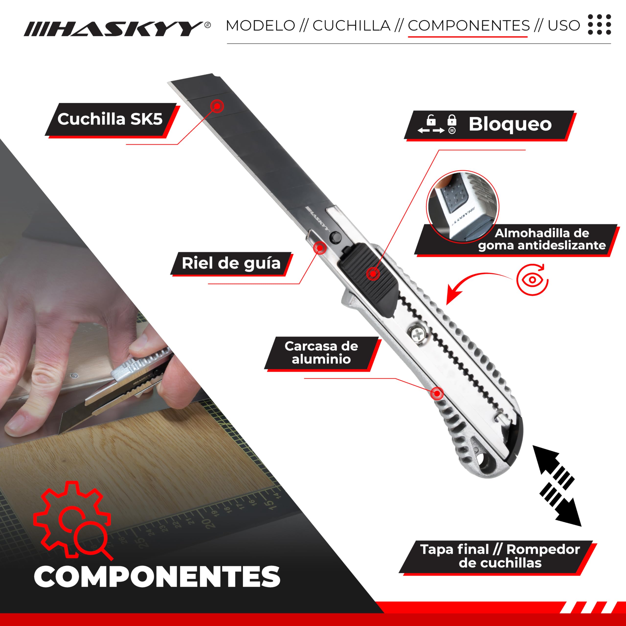 HASKYY Pack 2 Cúteres Profesionales 18mm + 5 Hojas SK5 Premium - Navajas de Seguridad con Auto-Lock