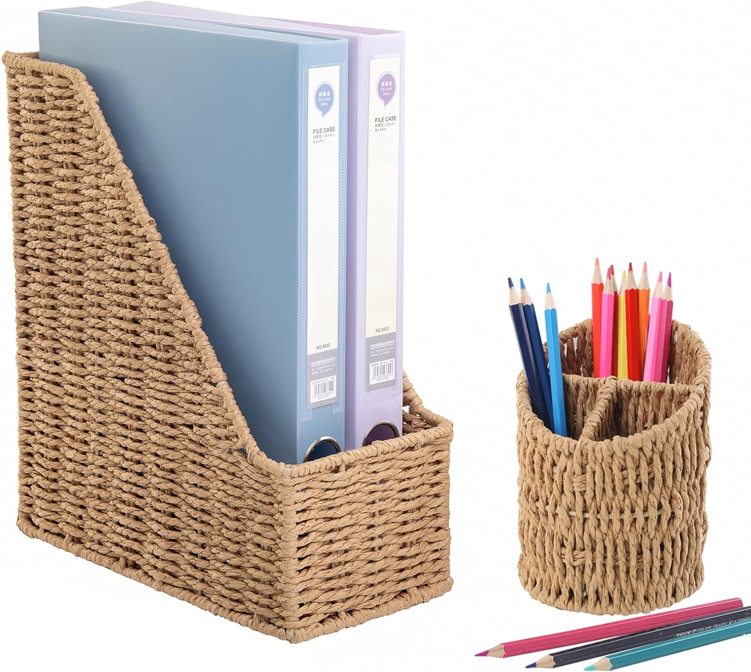 DINGTAI Woven Magazine File Holder + Pen Holder Set, Rattan