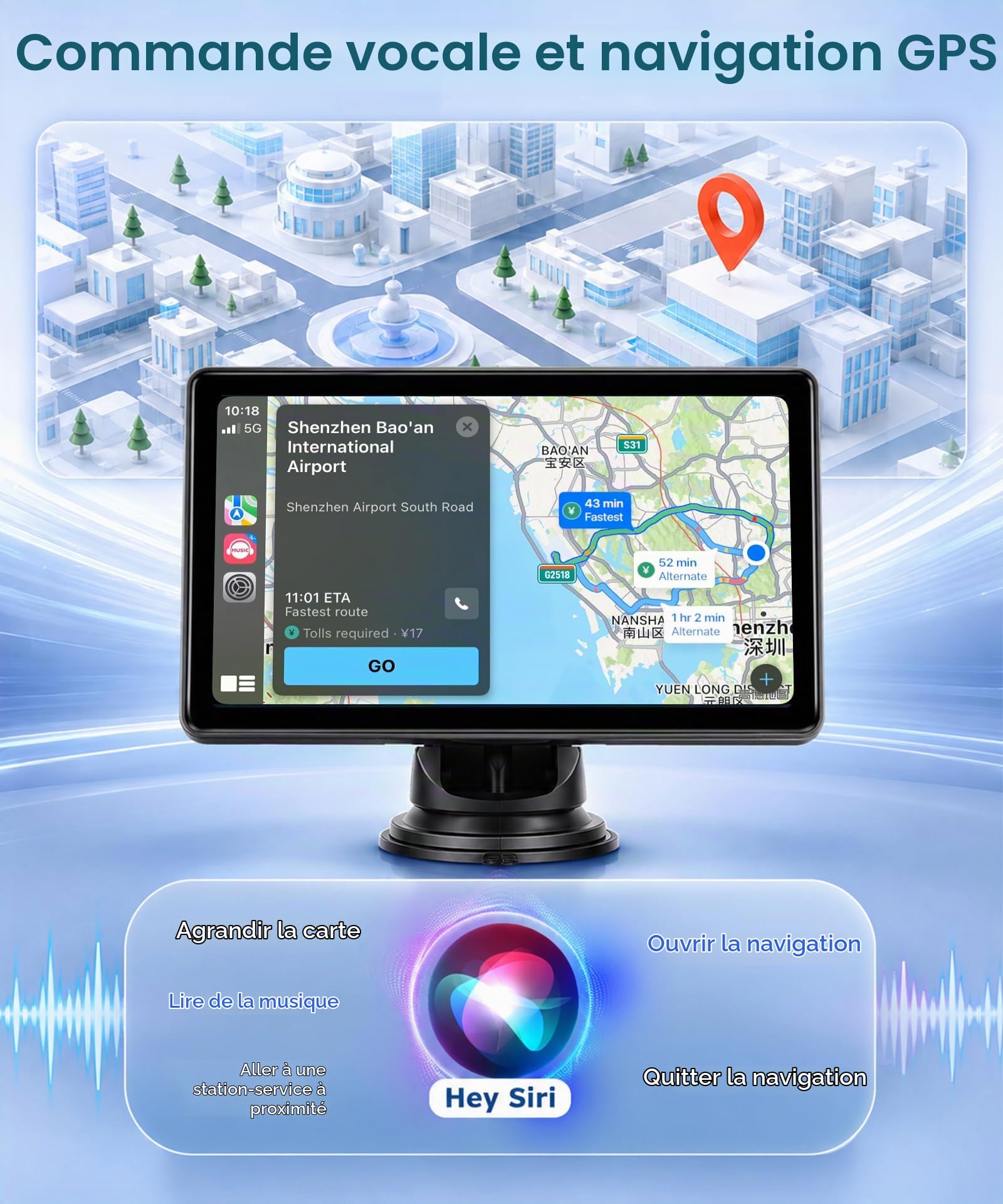Podofo Autoradio Carplay et Android Auto sans Fil，Ecran Tactile HD Portable 7 Pouces Voiture Stéréo avec Bluetooth, Transmission FM, Airplay, Mirror Link