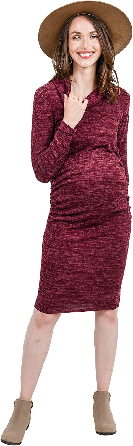 HELLO MIZ Women's Sweater Knit Maternity Dress - Cowl Neck, Long Sleeve (Burgundy, M)