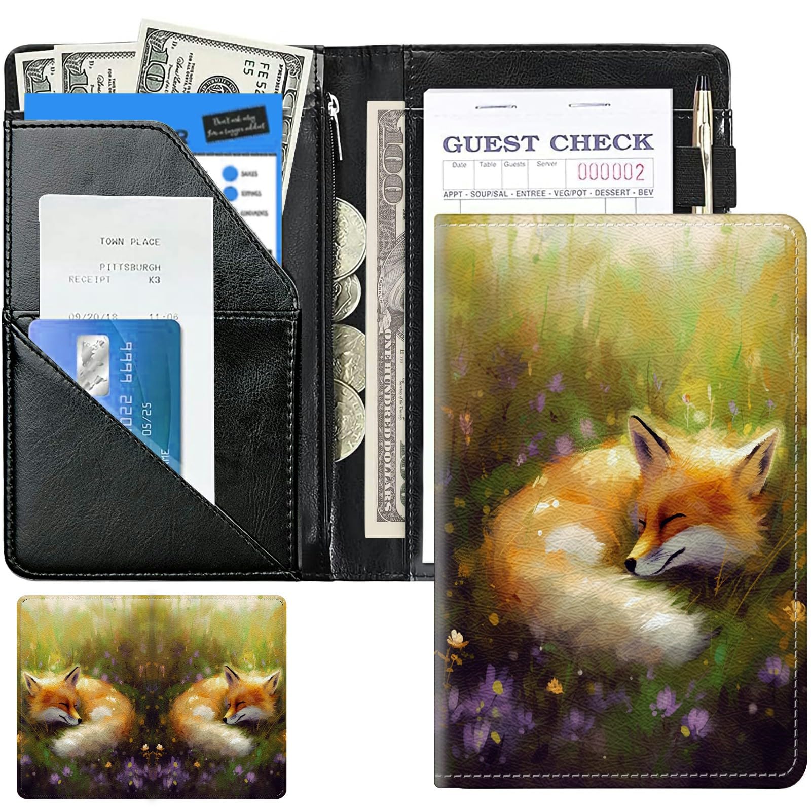 Fox Flowers Cute Server Books for Waitress, Waiter Book Server Wallet with Zipper Money Pocket, 5 * 8 Waitress Ticket Book Holder Restaurant Waitstaff