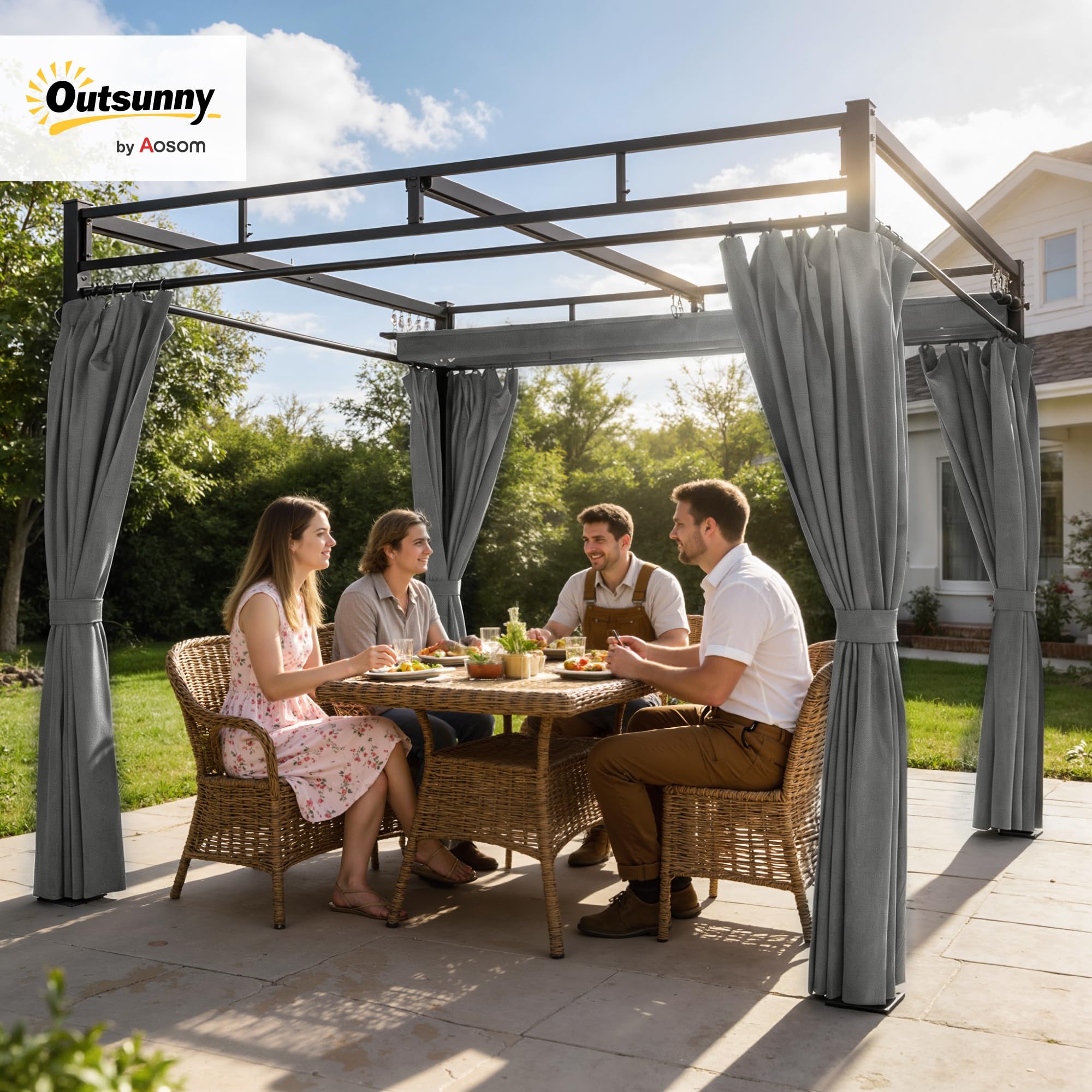 Outsunny Pérgola de Jardín 3x3 m con Techo Retráctil y 4 Cortinas, Cenador de Jardín con Protección UV30+, Impermeable, Estructura Metálica, Pabellón para Patio, Terraza, Exterior, Gris Oscuro — view 2