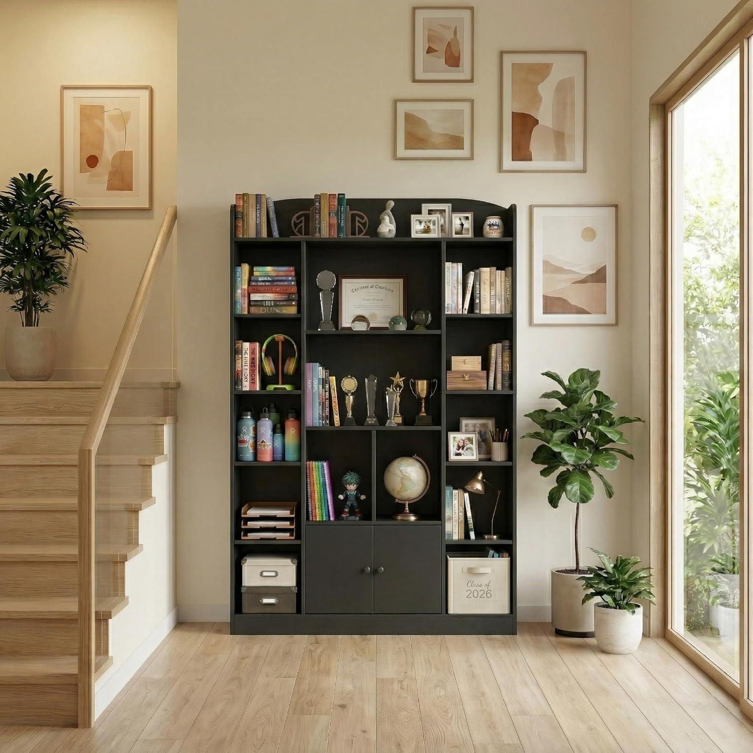 63" Tall Black Bookshelf with 14 Cubbies & 2 Cabinets, 5-Tier Large Bookcase, Freestanding Storage Shelf for Living Room, Study, Hallway, Home Office (41.3" W x 63" H)