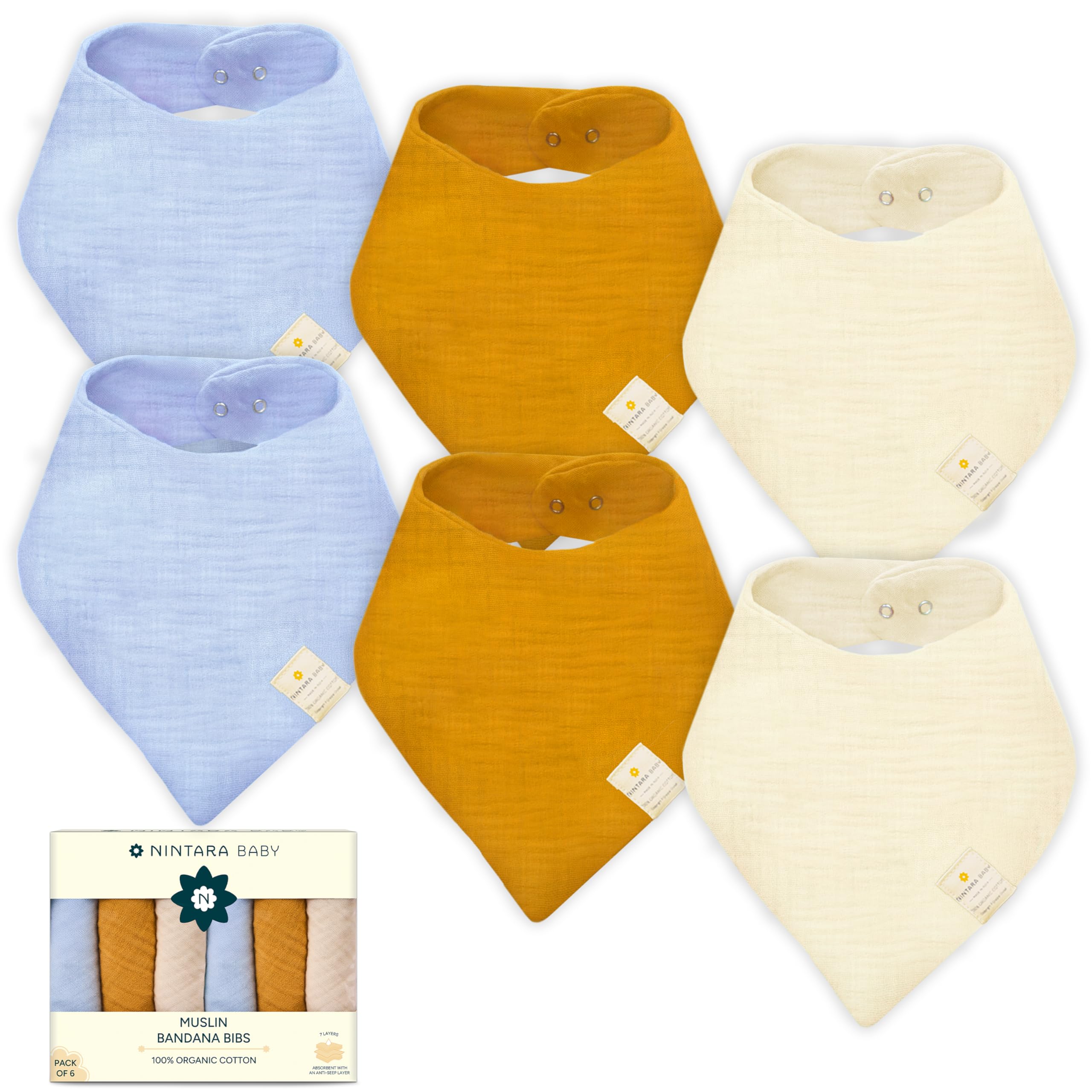 NINTARABABY Bandana Bibs, 100% Organic Muslin Cotton, 7-Layer Absorbent for Drooling Teething & Feeding