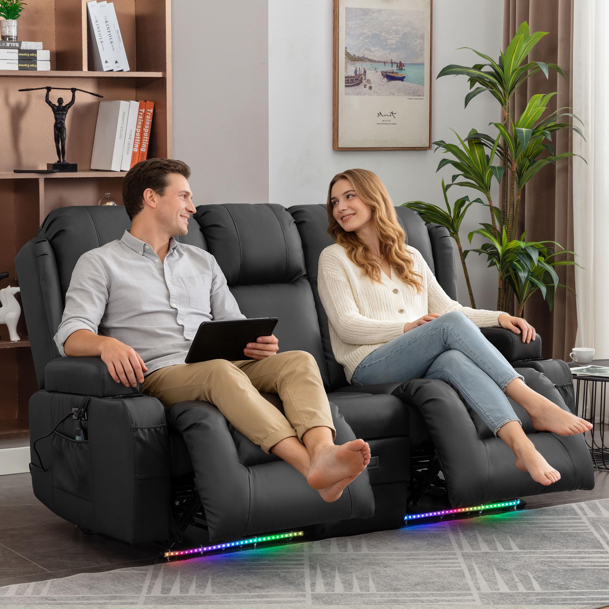 Elektrisch Relaxsessel mit Liegefunktion, Zweisitzer Fernsehsessel mit Konsole TV Sessel Heimkino mit Heizung & Vibrierende Massage/USB & Type C/Getränkehalter/Kunstleder (Schwarz)