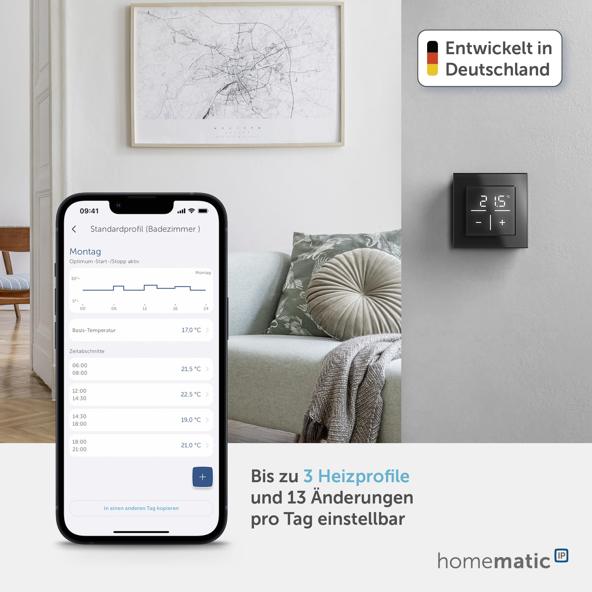 Homematic IP Glas-Wandthermostat, schwarz, Smart Home, misst Temperatur + Luftfeuchtugkeit, digitales Thermostat Heizkörper/Fußbodenheizung mit App, Alexa, Google Assistant, Energie sparen, 161570A0
